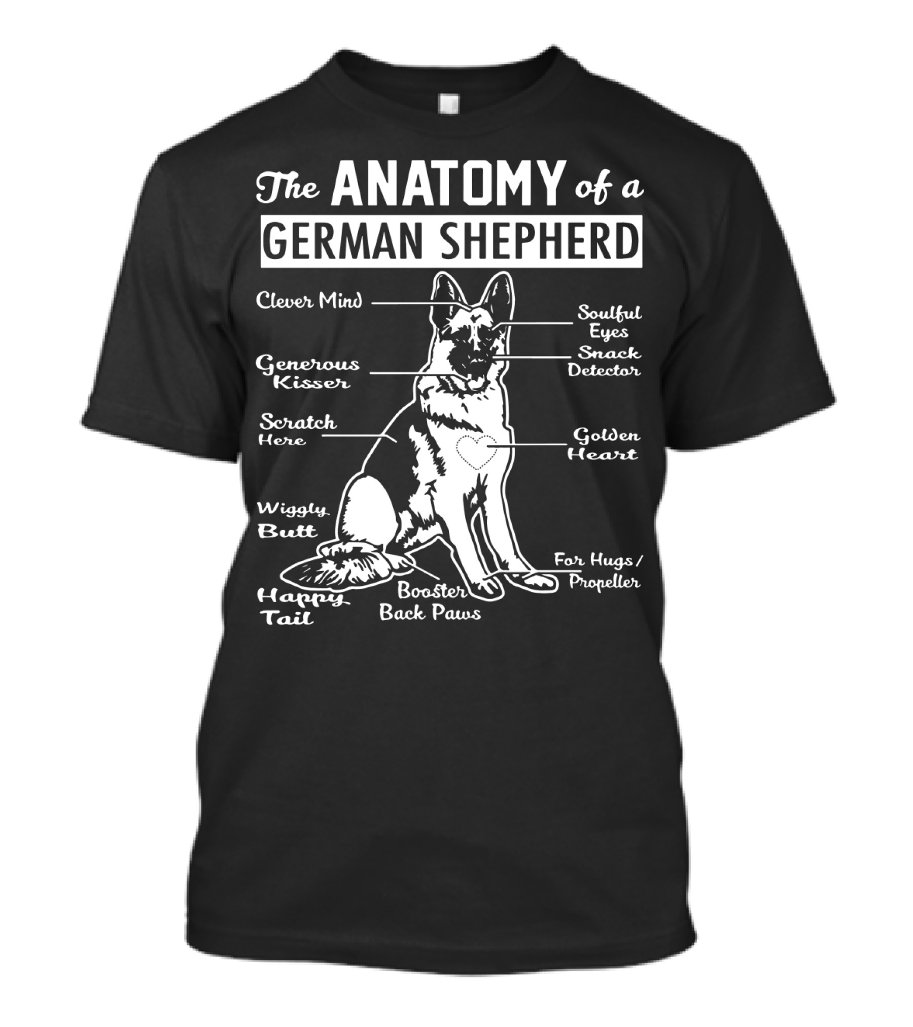 The Anatomy Of A German Shepherd: Clever Mind, Happy Tail, Wiggly Butt, Golden Heart, Generous Kisser, Soulful Eyes, Snack Detector, Booster Back Paws T-Shirt