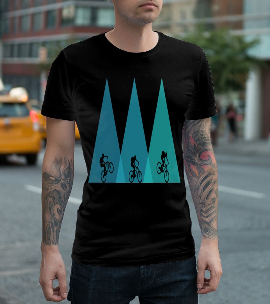 Mountain Bike Bicycle MTB Adventure Silhouettes on Blue Triangles T-Shirt
