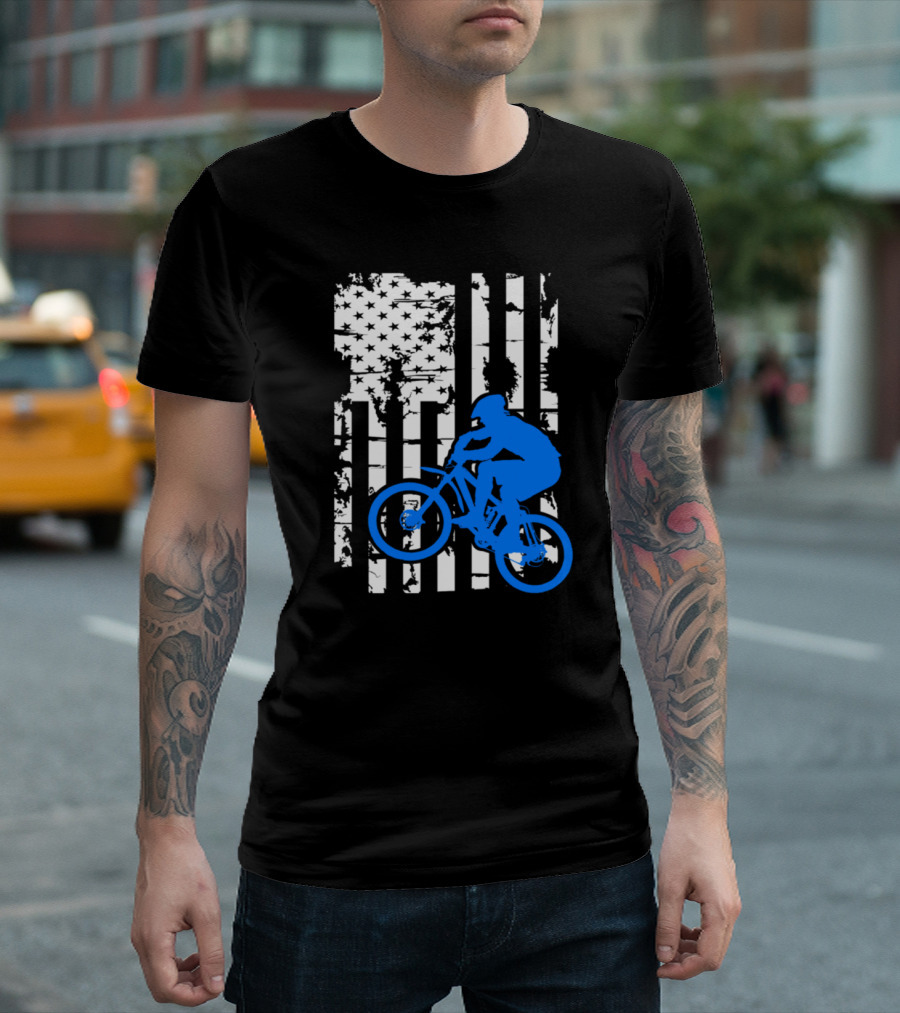 American Grunge Mountain Bike Silhouette On Distressed Flag T-Shirt