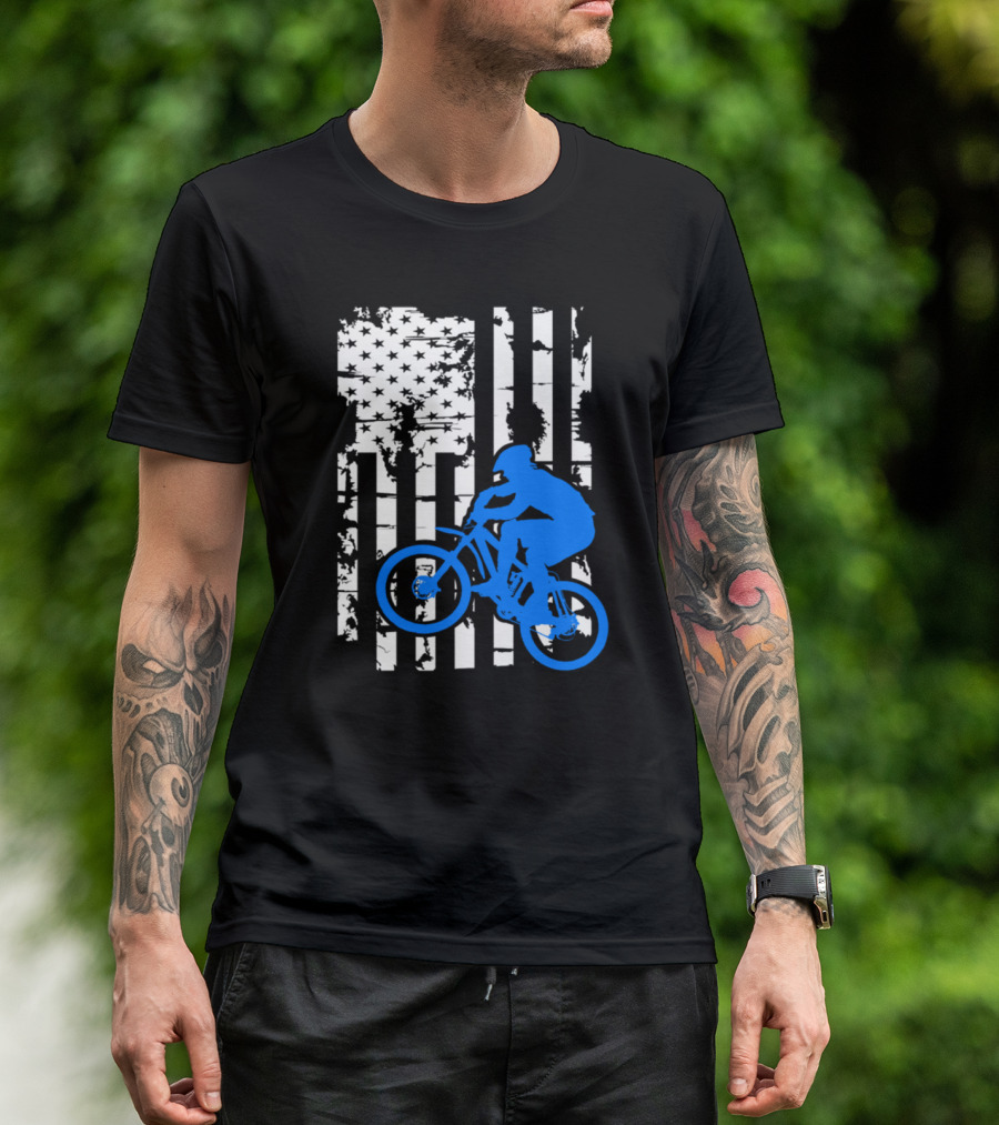 American Grunge Mountain Bike Silhouette On Distressed Flag T-Shirt