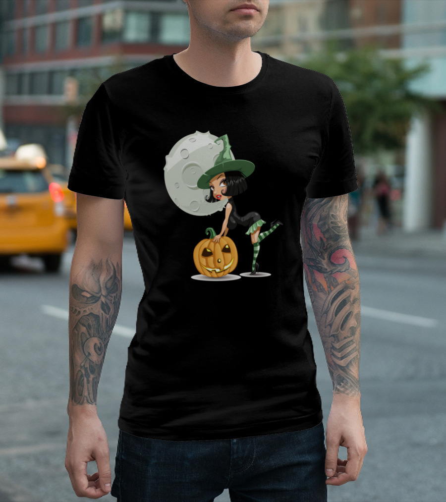 Witch with Pumpkin Full Moon Playful Pose T-Shirt