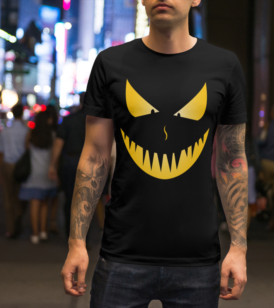 Scary Evil Pumpkin Face With Sharp Teeth And Menacing Eyes T-Shirt