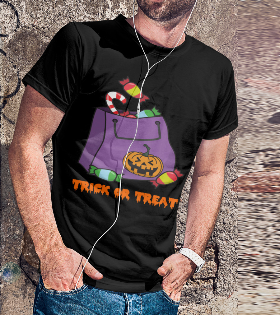 Trick Or Treat Halloween Candy Bag With Pumpkin And Zombie Horror T-Shirt