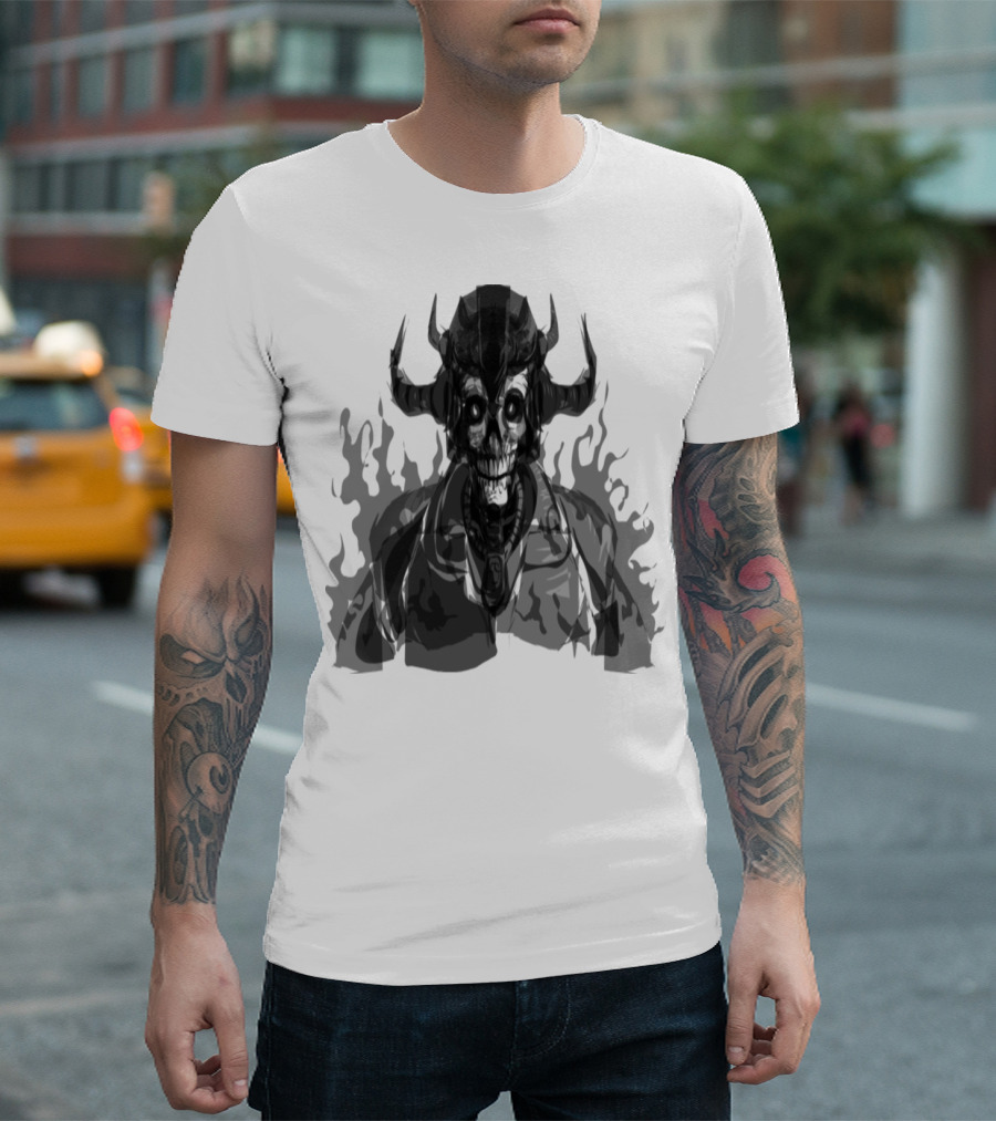 Dark Skeleton Warrior With Horns And Evil Eyes T-Shirt