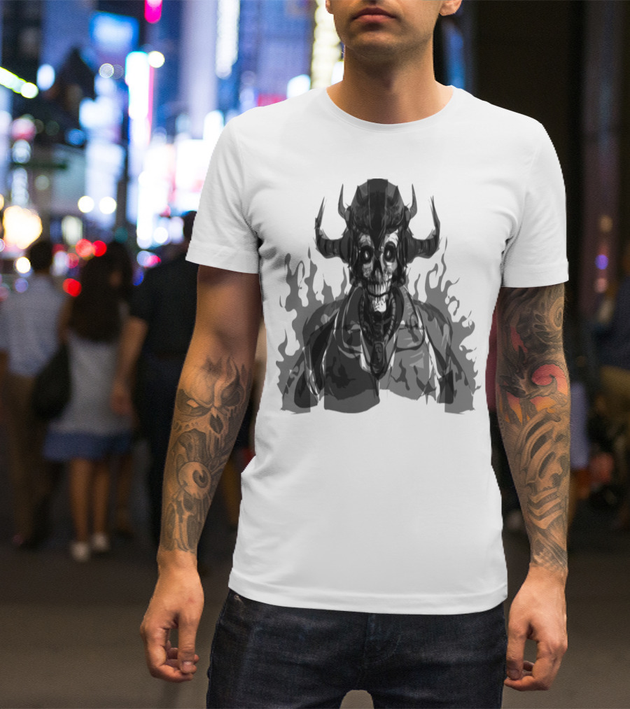 Dark Skeleton Warrior With Horns And Evil Eyes T-Shirt