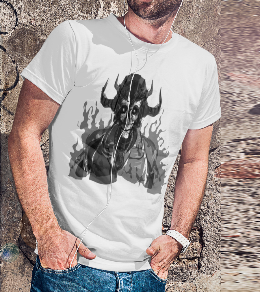 Dark Skeleton Warrior With Horns And Evil Eyes T-Shirt