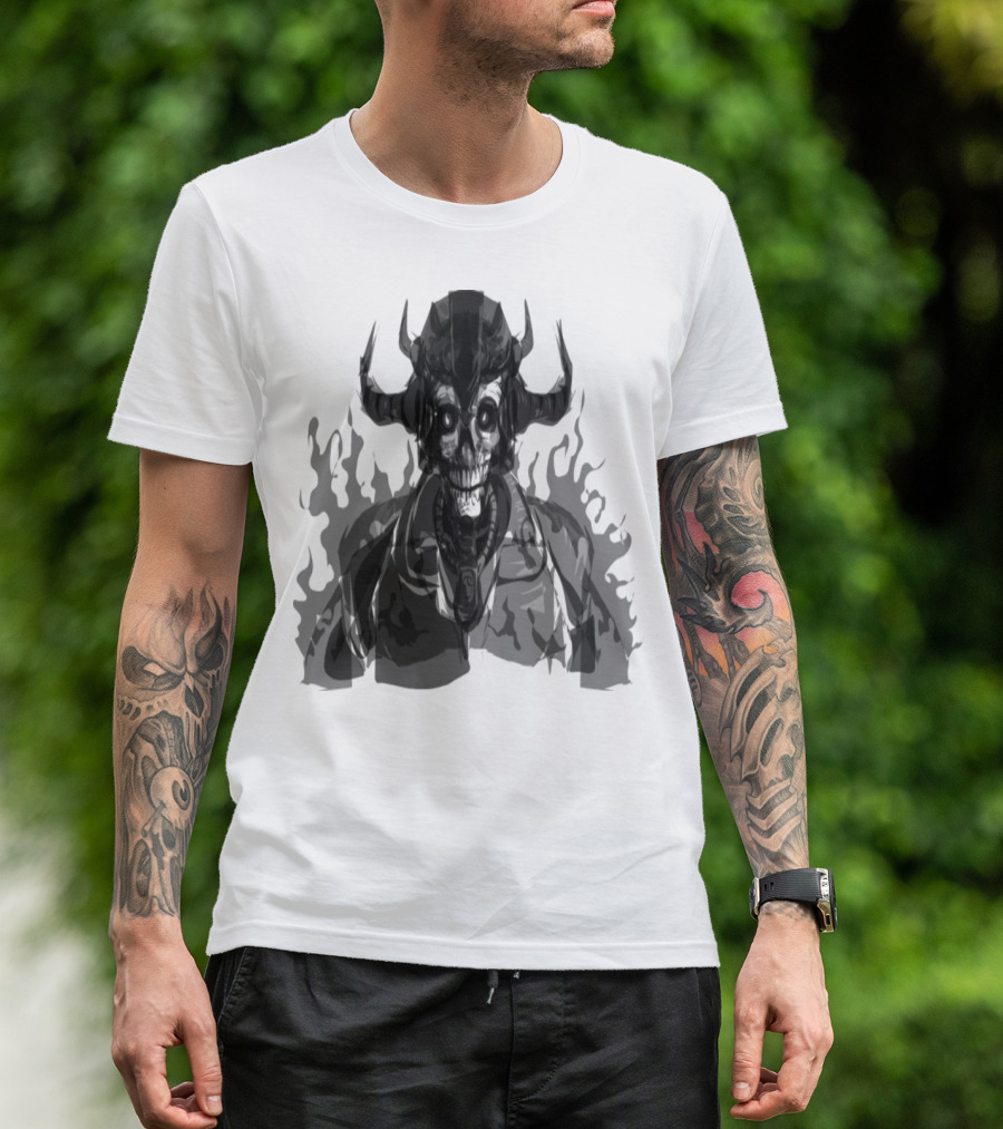 Dark Skeleton Warrior With Horns And Evil Eyes T-Shirt