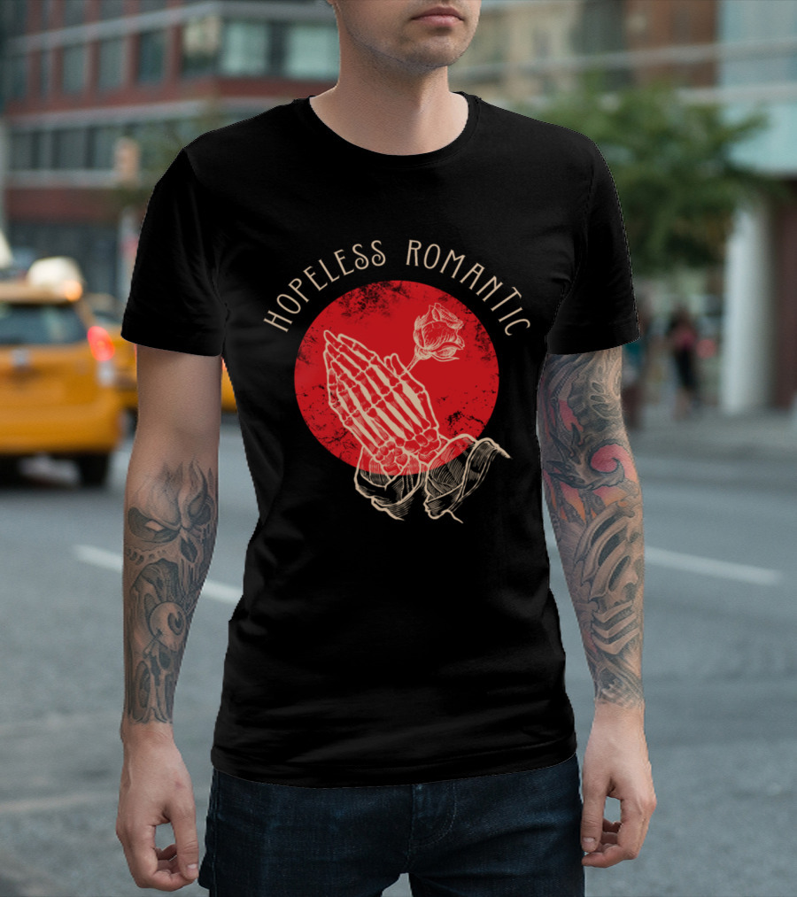 Hopeless Romantic Skeleton Hands Rose Red Circle T-Shirt