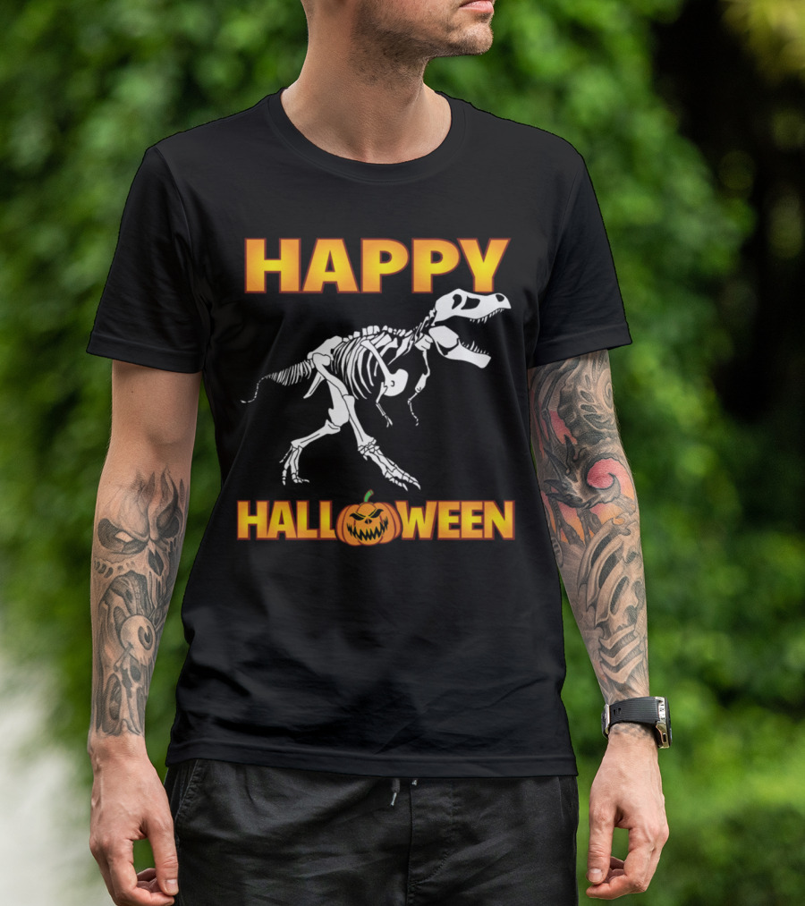 HAPPY HALLOWEEN TRex Skeleton Pumpkin T-Shirt
