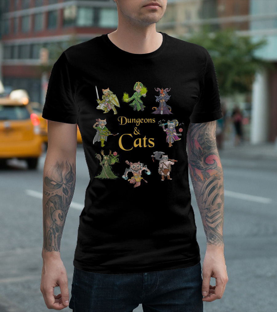 Dungeons And Cats Warrior Mage Archer Knight Characters T-Shirt