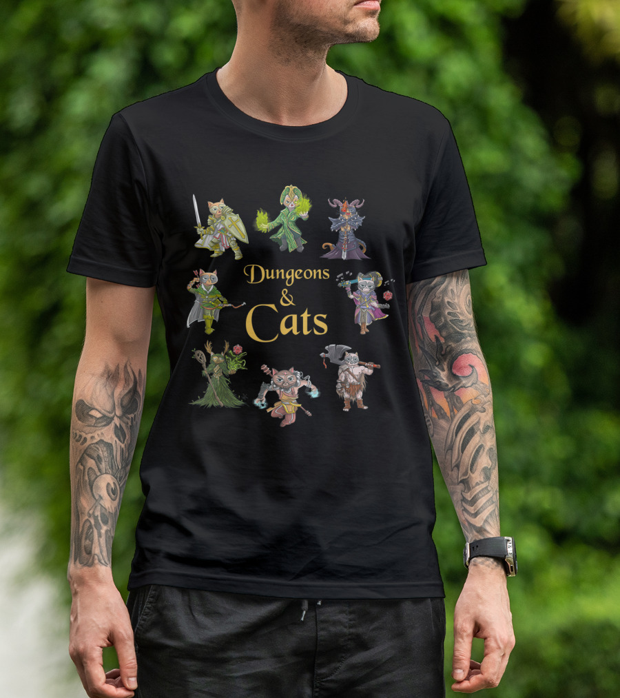 Dungeons And Cats Warrior Mage Archer Knight Characters T-Shirt