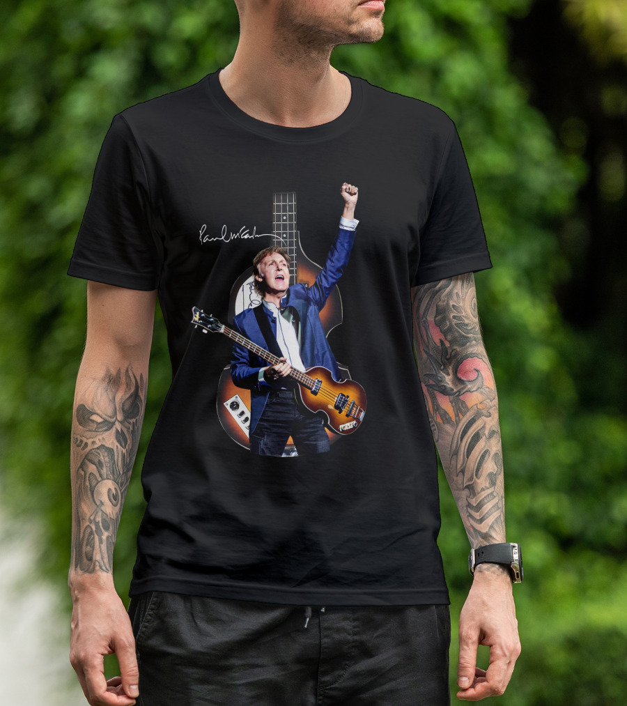 Paul McCartney Signature Bass Guitar Iconic Imagery With Raised Fist T-Shirt