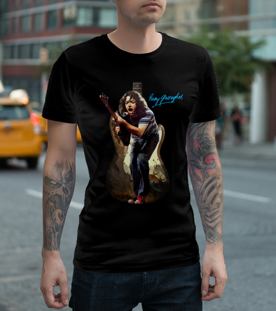 Rory Gallagher Signature Guitar Performance Art on Rogallead T-Shirt
