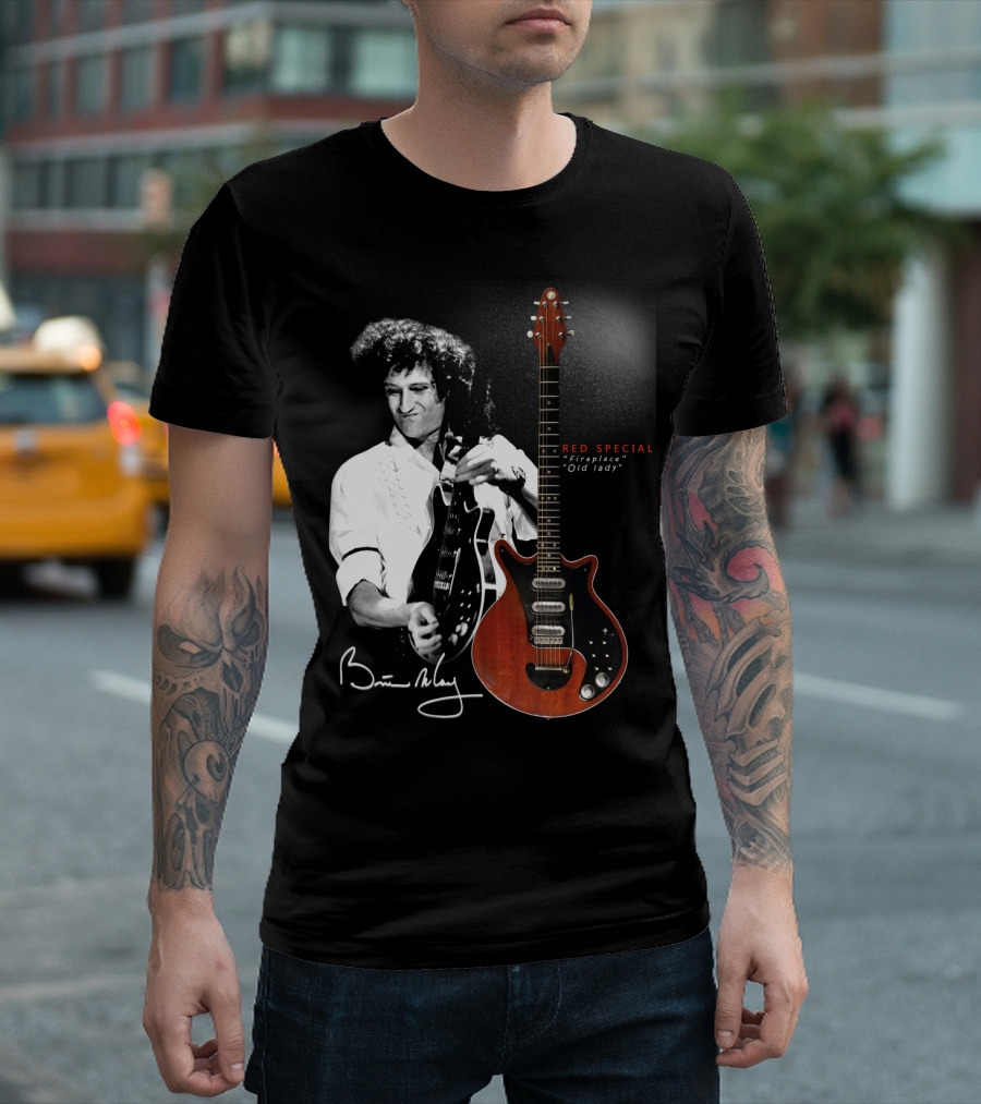 Brian May Red Special Fireplace Old Lady Guitar Signature Image T-Shirt