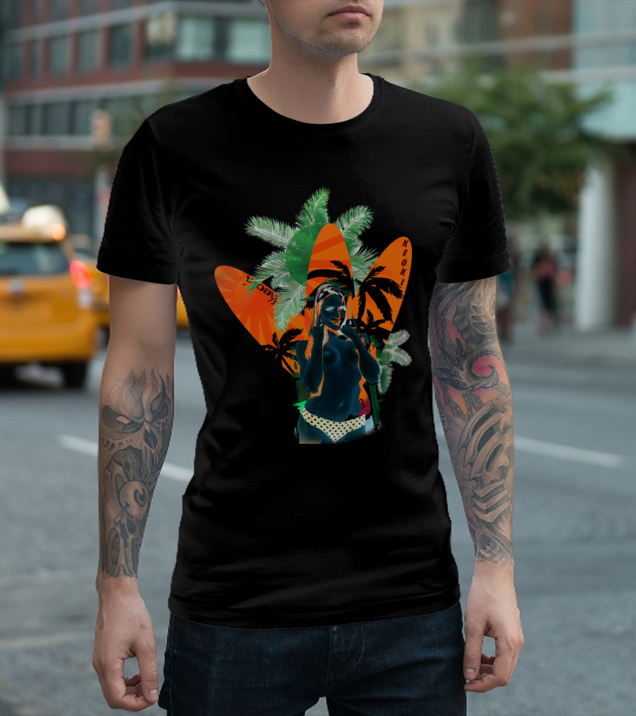 Tropical Surf Beach Babe with Palm Trees and Surfboards T-Shirt