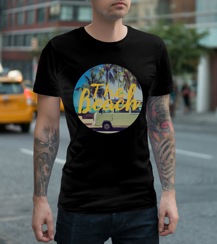 Volkswagen Van With Surfboard At The Beach Palm Trees Vintage Aesthetic T-Shirt
