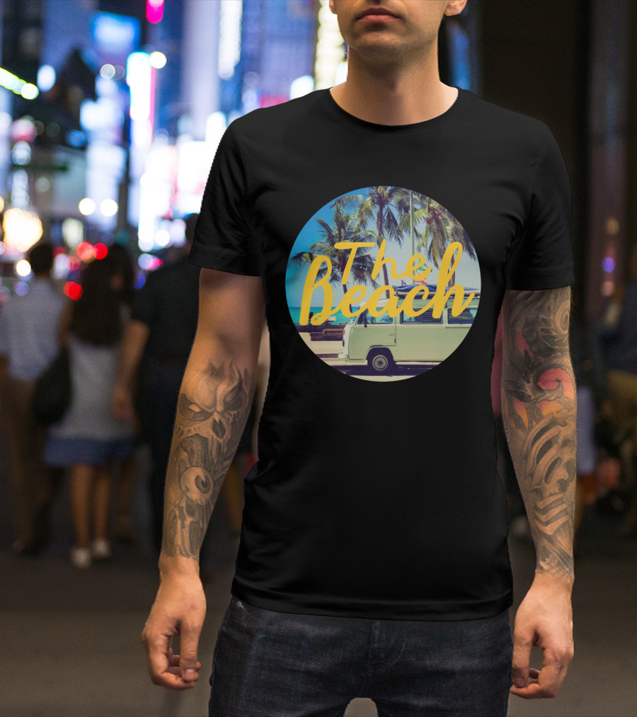 Volkswagen Van With Surfboard At The Beach Palm Trees Vintage Aesthetic T-Shirt