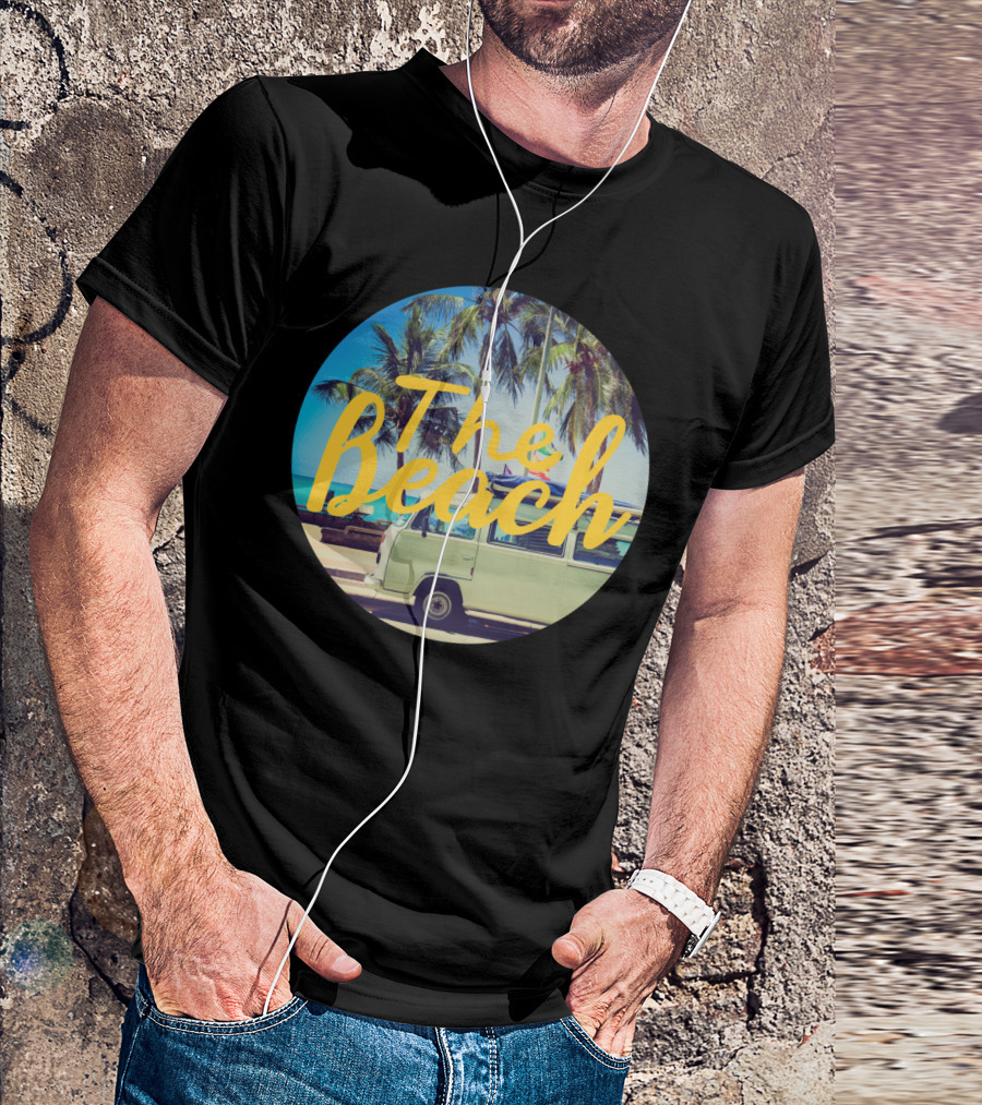 Volkswagen Van With Surfboard At The Beach Palm Trees Vintage Aesthetic T-Shirt