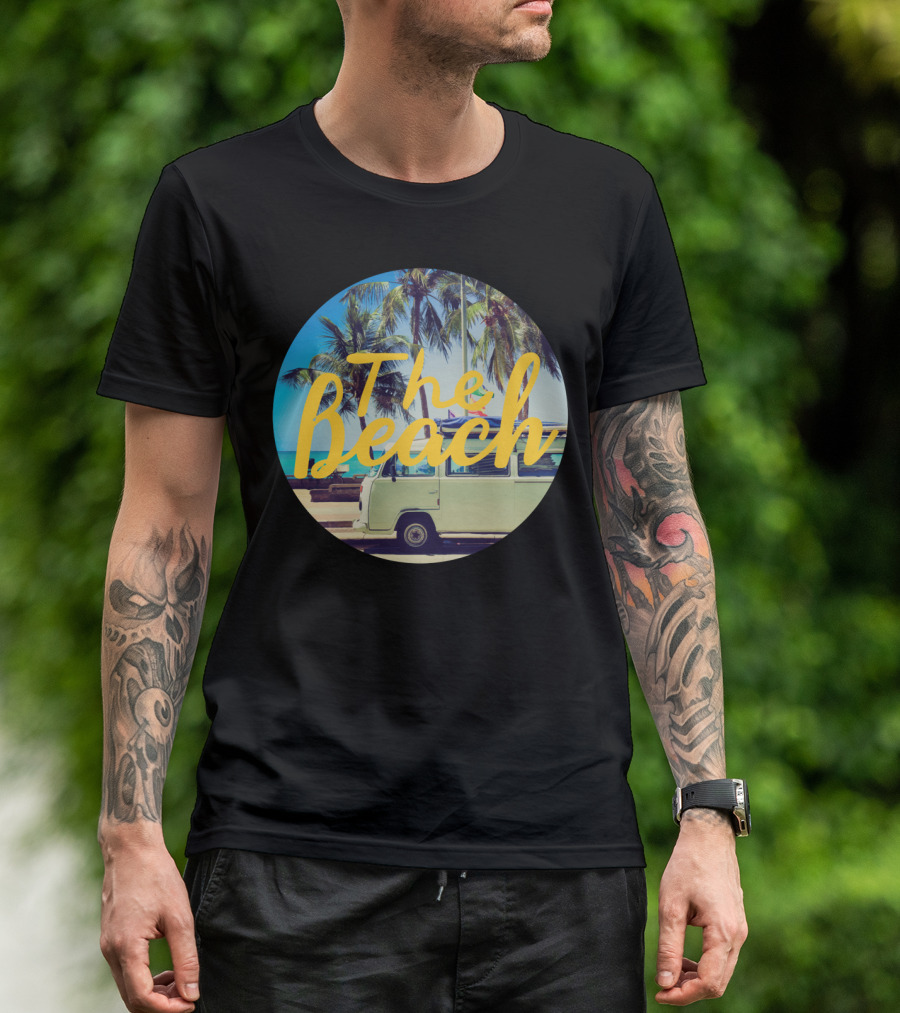 Volkswagen Van With Surfboard At The Beach Palm Trees Vintage Aesthetic T-Shirt