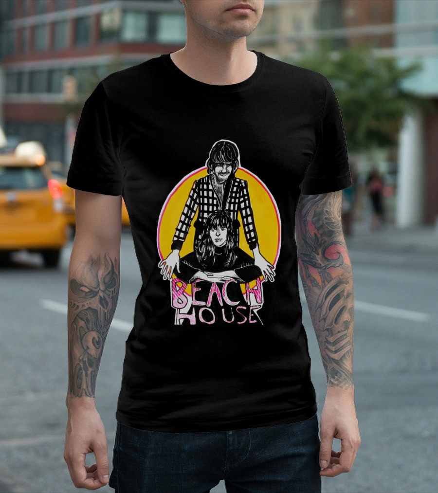 Beach House Illustrated Duo with Bold Yellow and Pink Circular Background T-Shirt