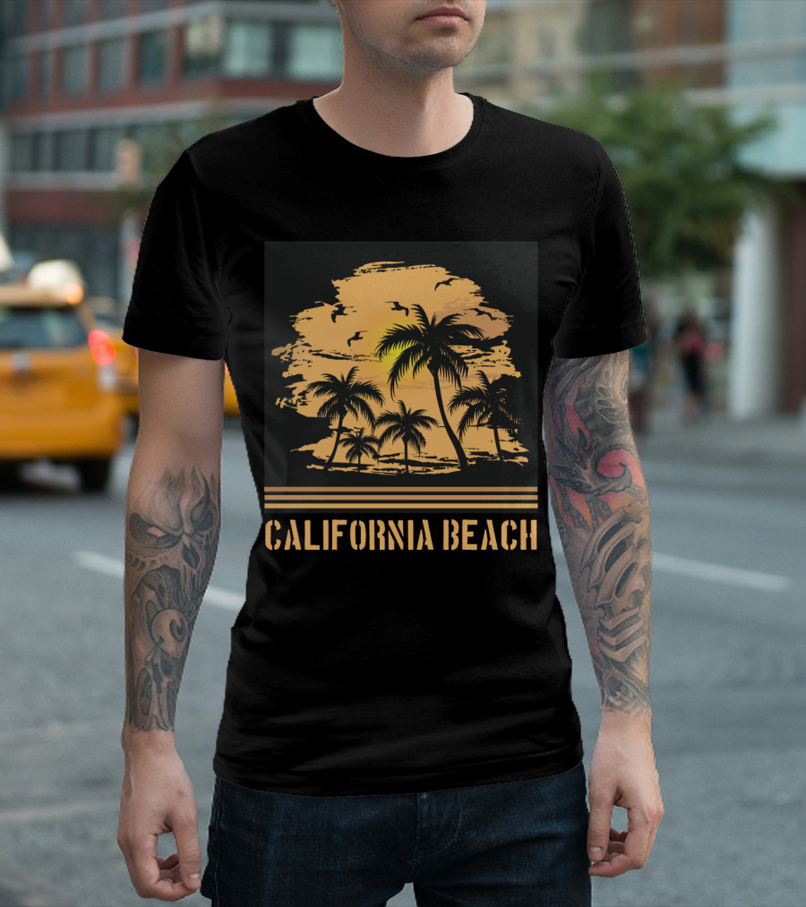 California Beach Sunset Palms Silhouette with Birds and Ocean Breeze T-Shirt