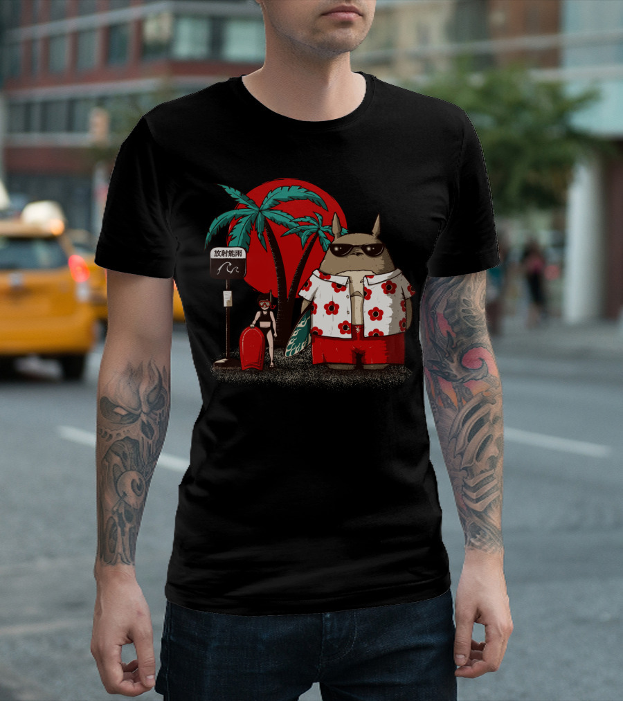 Totoro Beach Aesthetic with Palm Trees and Surfboard T-Shirt