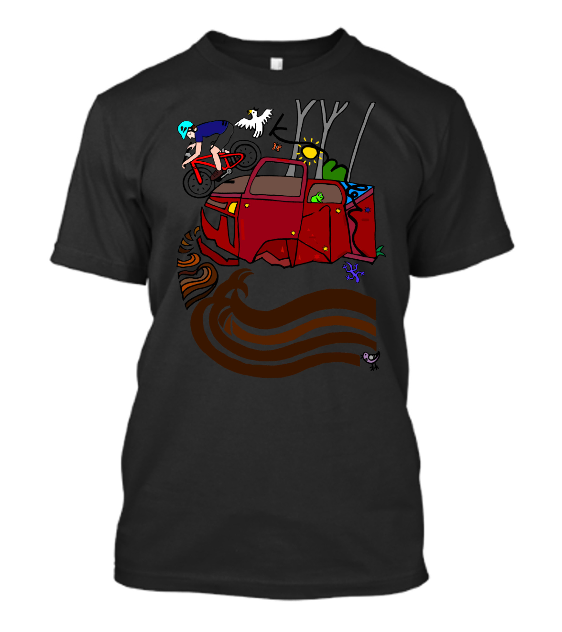 Mountain Biking Over Red Kombi Van Surrounded By Forest And Wildlife Elements T-Shirt