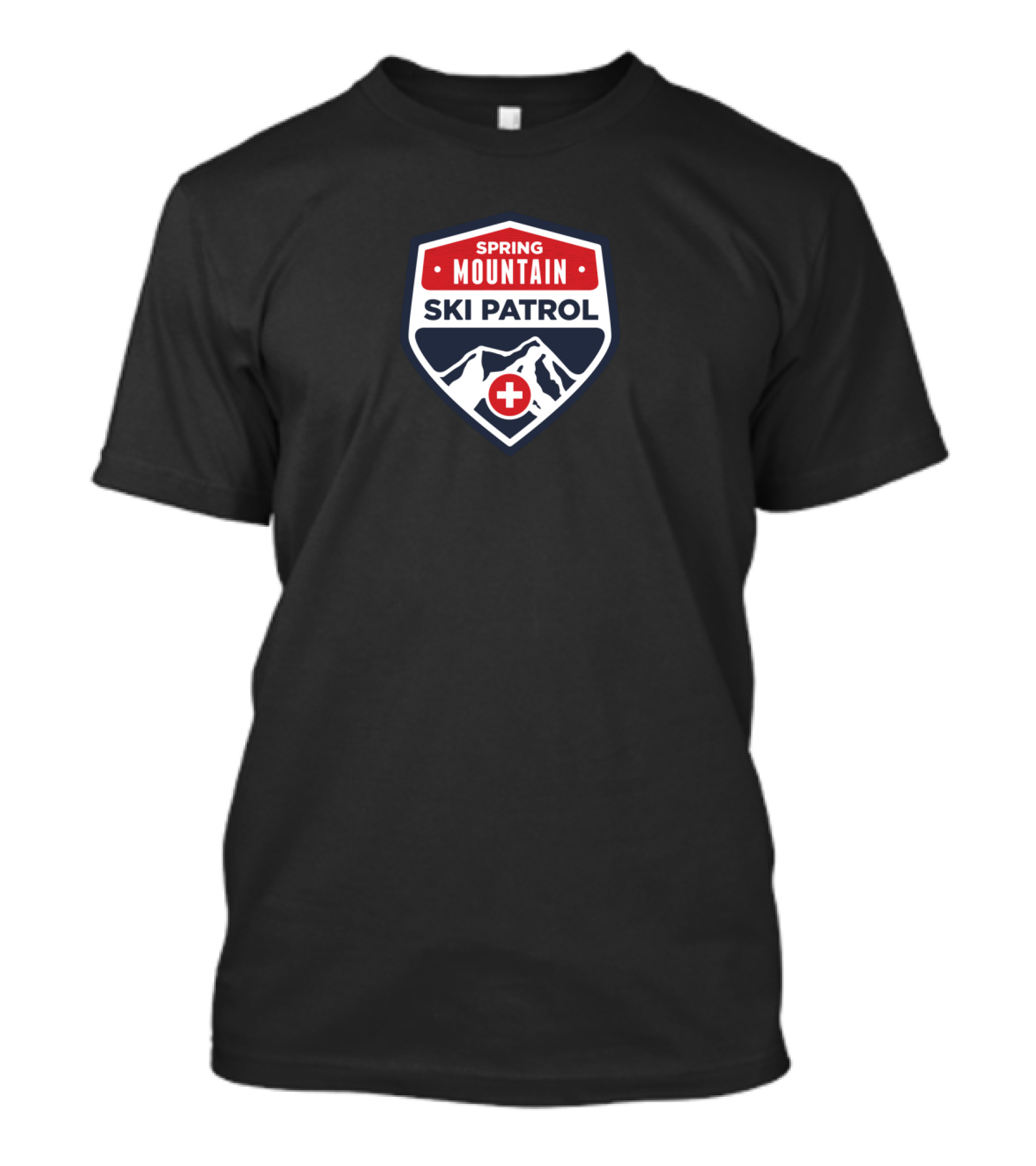 Spring Mountain Ski Patrol Shield Emblem With Red Cross And Snowy Peaks T-Shirt