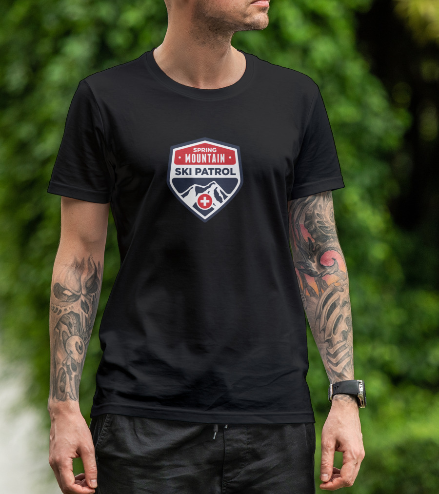 Spring Mountain Ski Patrol Shield Emblem With Red Cross And Snowy Peaks T-Shirt