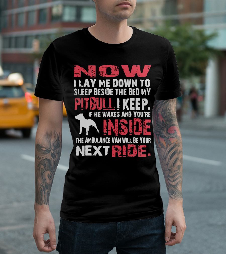 Now I Lay Me Down Beside the Bed My Pitbull I Keep If He Wakes You're Inside Next Ride T-Shirt
