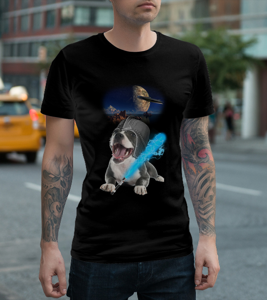 Bark Side Dog in Spaceship Helmet with Light Sword in Space Scene T-Shirt