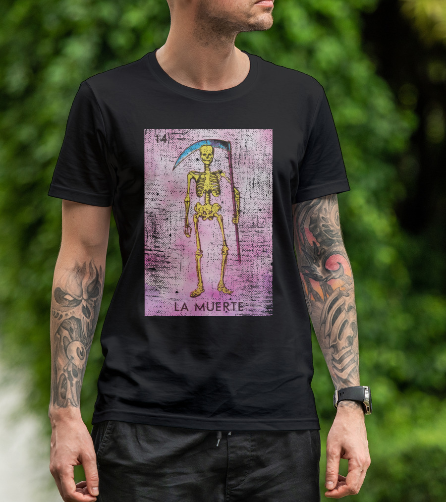 La Muerte Loteria Card 14 Skeleton With Scythe Mexican T-Shirt