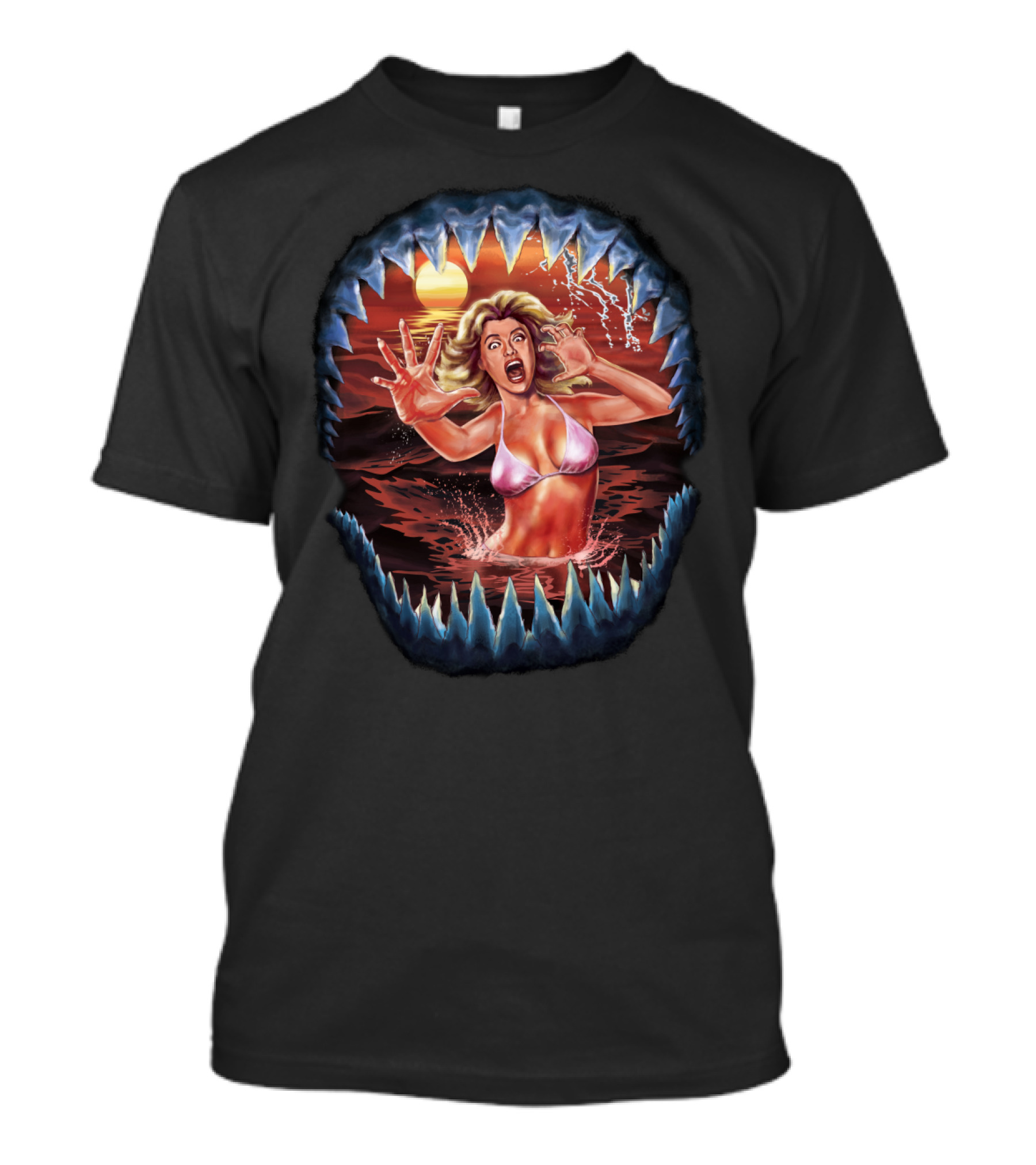 Panicked Woman In Pink Bikini In Shark's Jaws At Sunset Waters T-Shirt