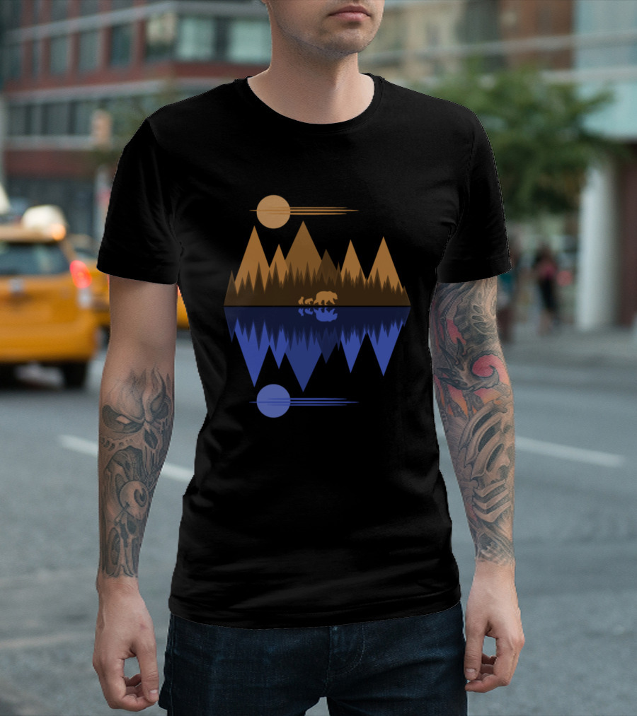 Bear and Cubs Mountain Reflection with Dual Sun and Moon Elements T-Shirt