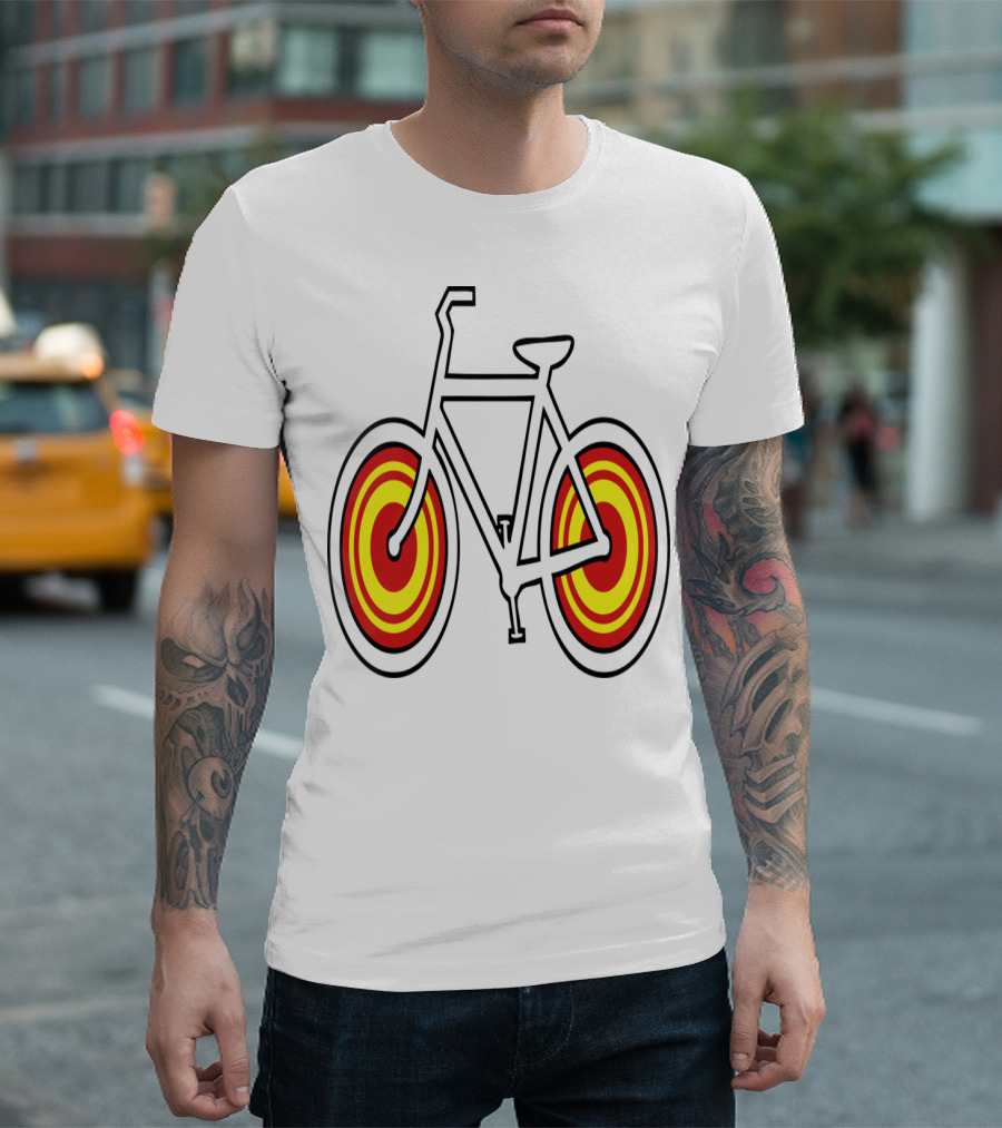 Bicycle Outline with Red and Yellow Concentric Circle Wheels T-Shirt