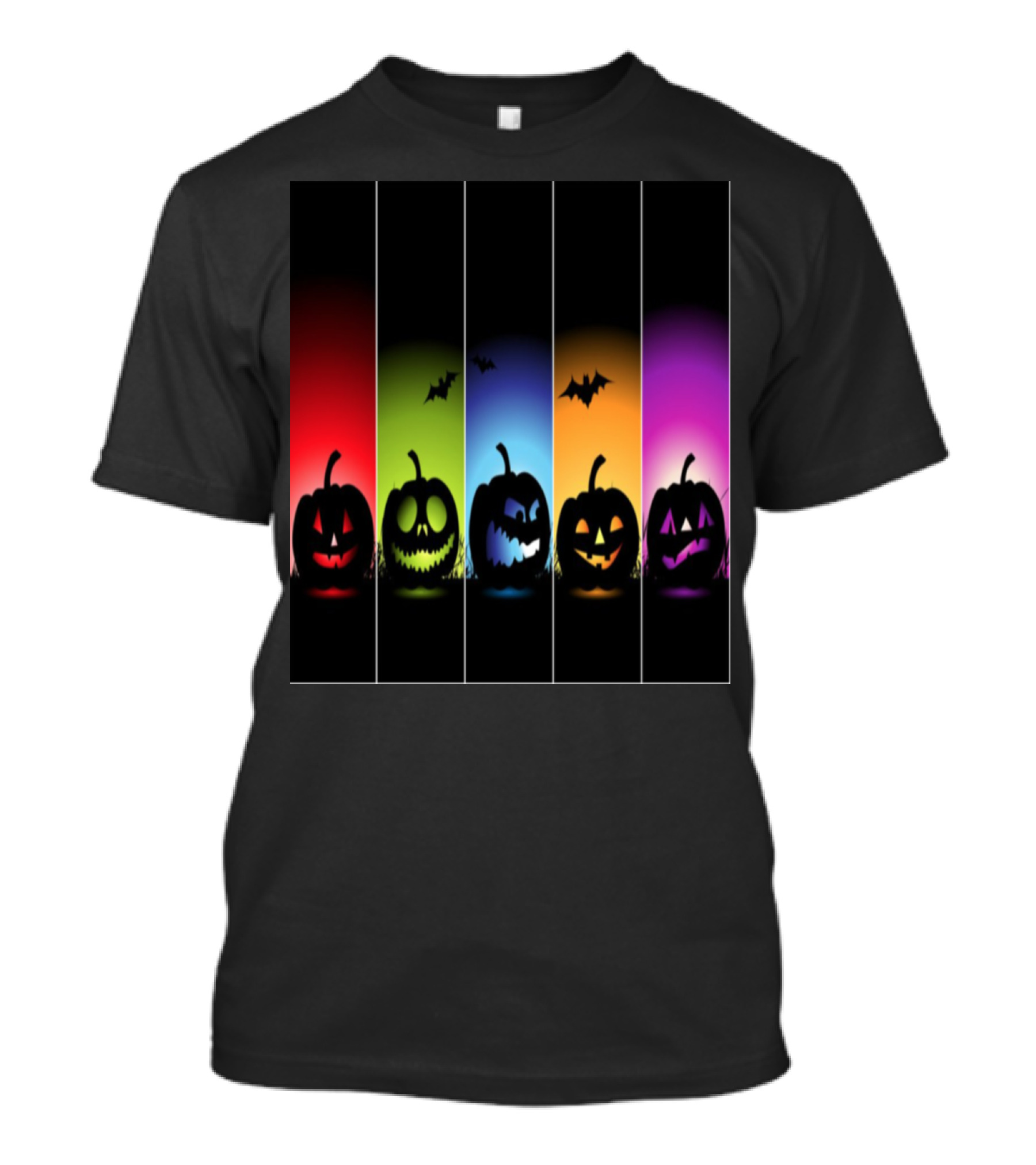 Five Faces Of The Pumpkin Silhouette With Flying Bats And Colorful Backgrounds T-Shirt