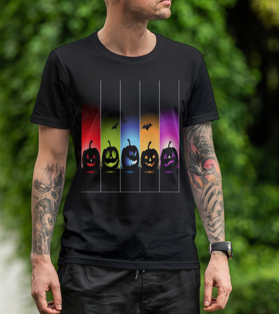 Five Faces Of The Pumpkin Silhouette With Flying Bats And Colorful Backgrounds T-Shirt