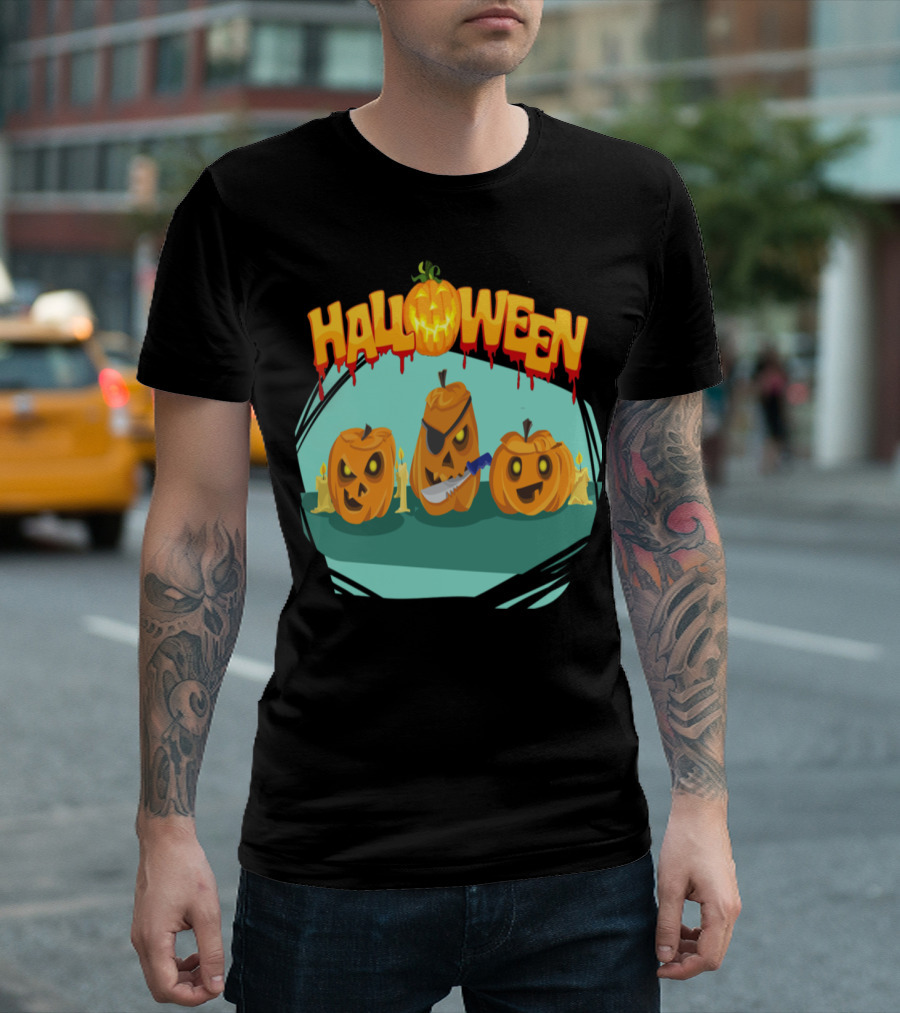Halloween Evil Pumpkins with Knife and Eyepatch T-Shirt