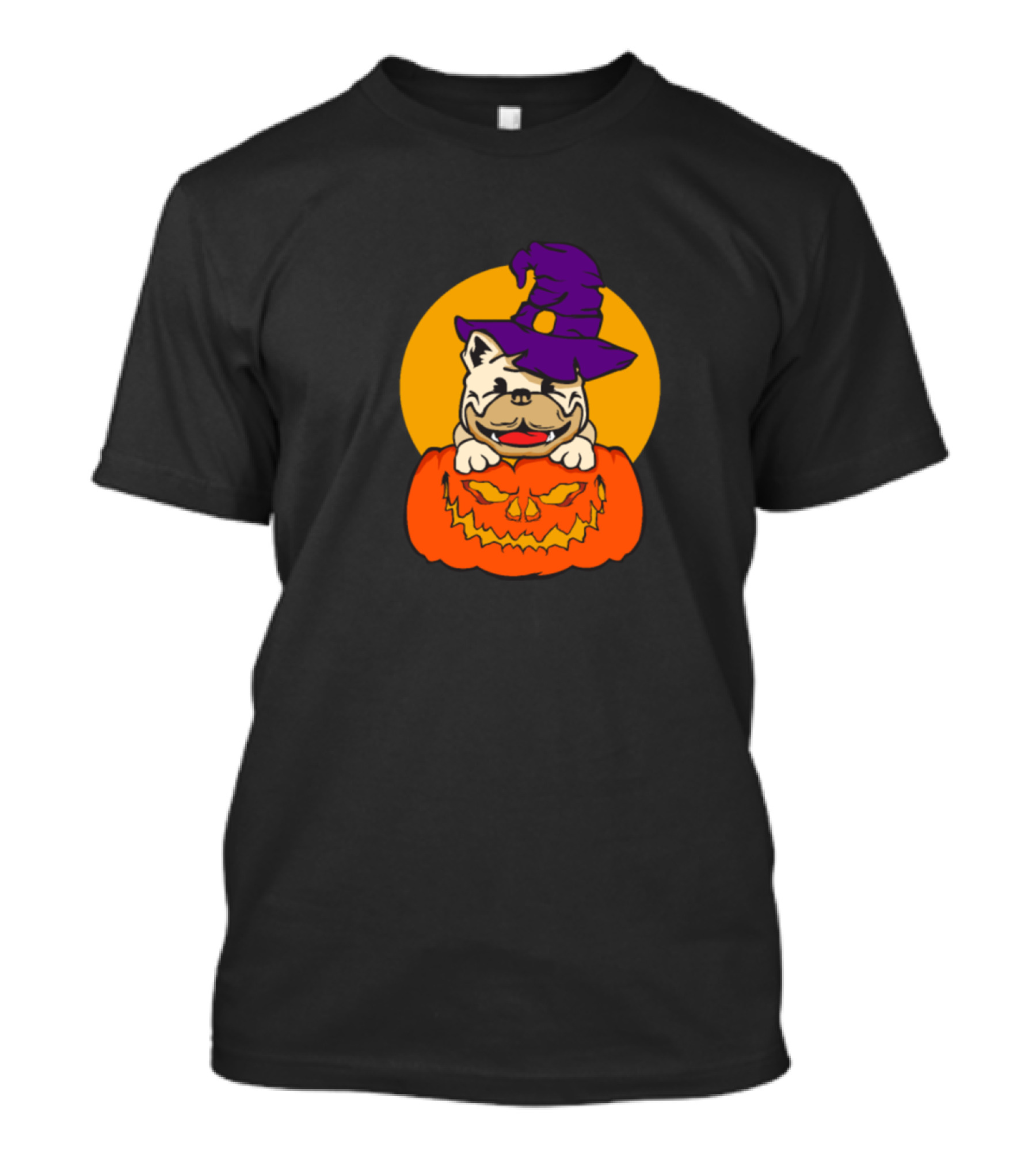 Halloween Pumpkin Pug Bulldog With Witch Hat Moon T-Shirt