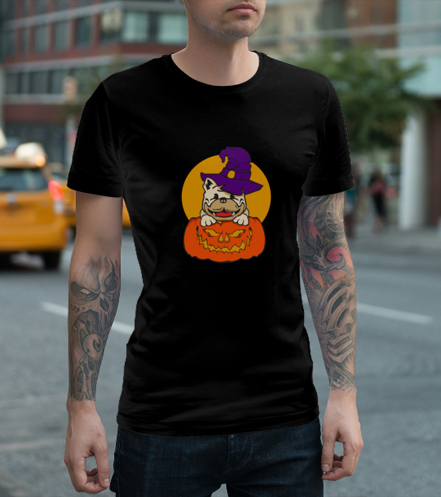 Halloween Pumpkin Pug Bulldog With Witch Hat Moon T-Shirt