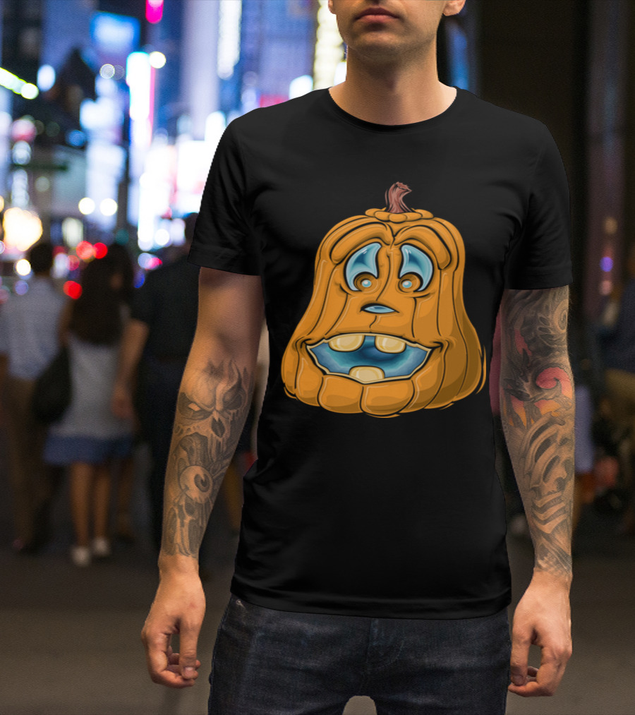 Happy Halloween Funny Pumpkin Face With Blue Eyes And Big Smile T-Shirt