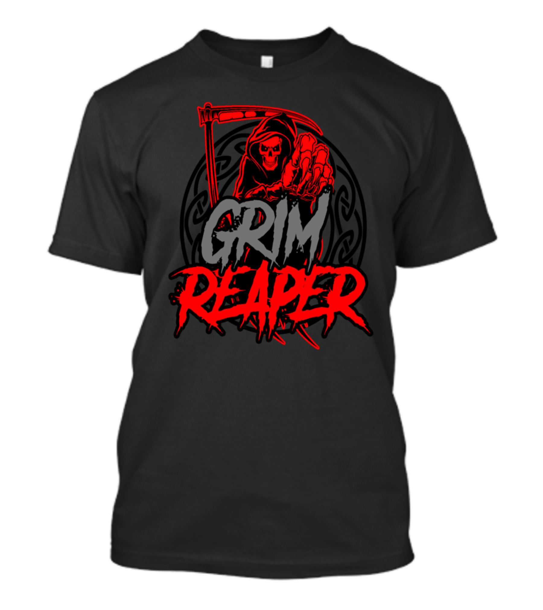Grim Reaper Skeleton Red Hooded Figure Scythe Text T-Shirt