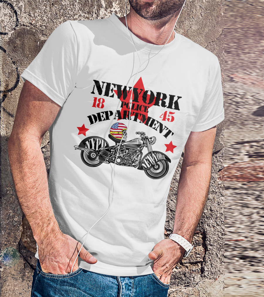 NEWYORK Police Department 1845 NYPD Motorcycle Skull Helmet Stars T-Shirt