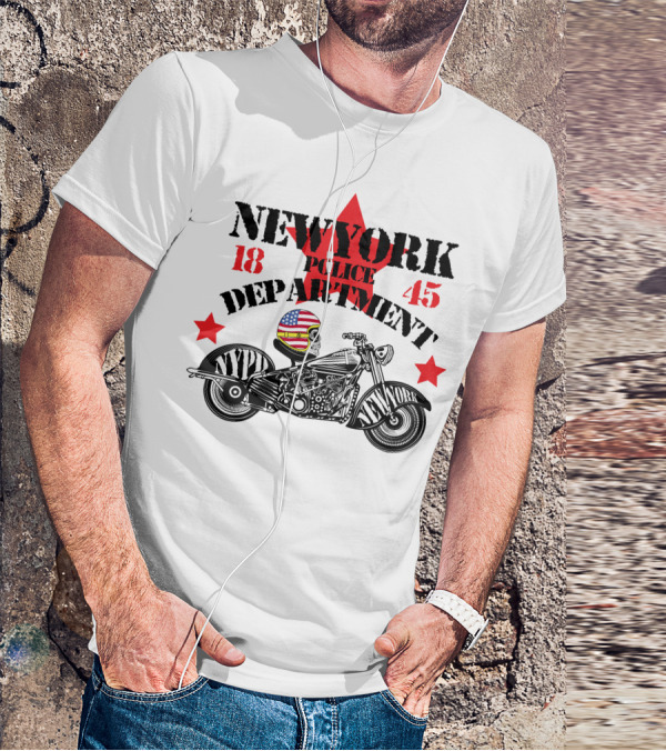 NEWYORK Police Department 1845 NYPD Motorcycle Skull Helmet Stars T-Shirt