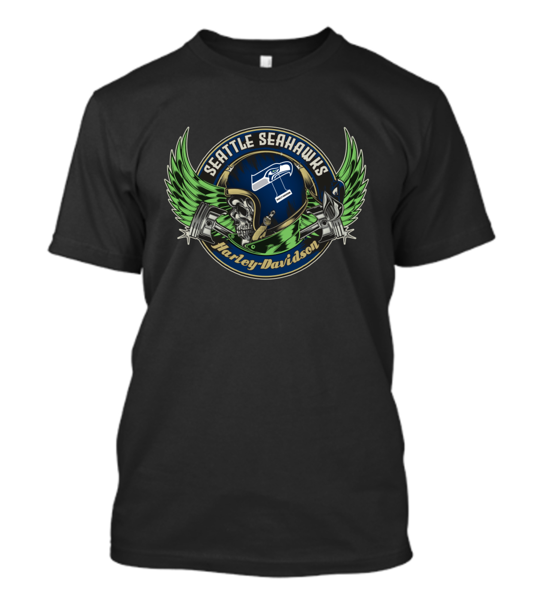 Seattle Seahawks Harley Davidson Skull Helmet With Piston Wings T-Shirt