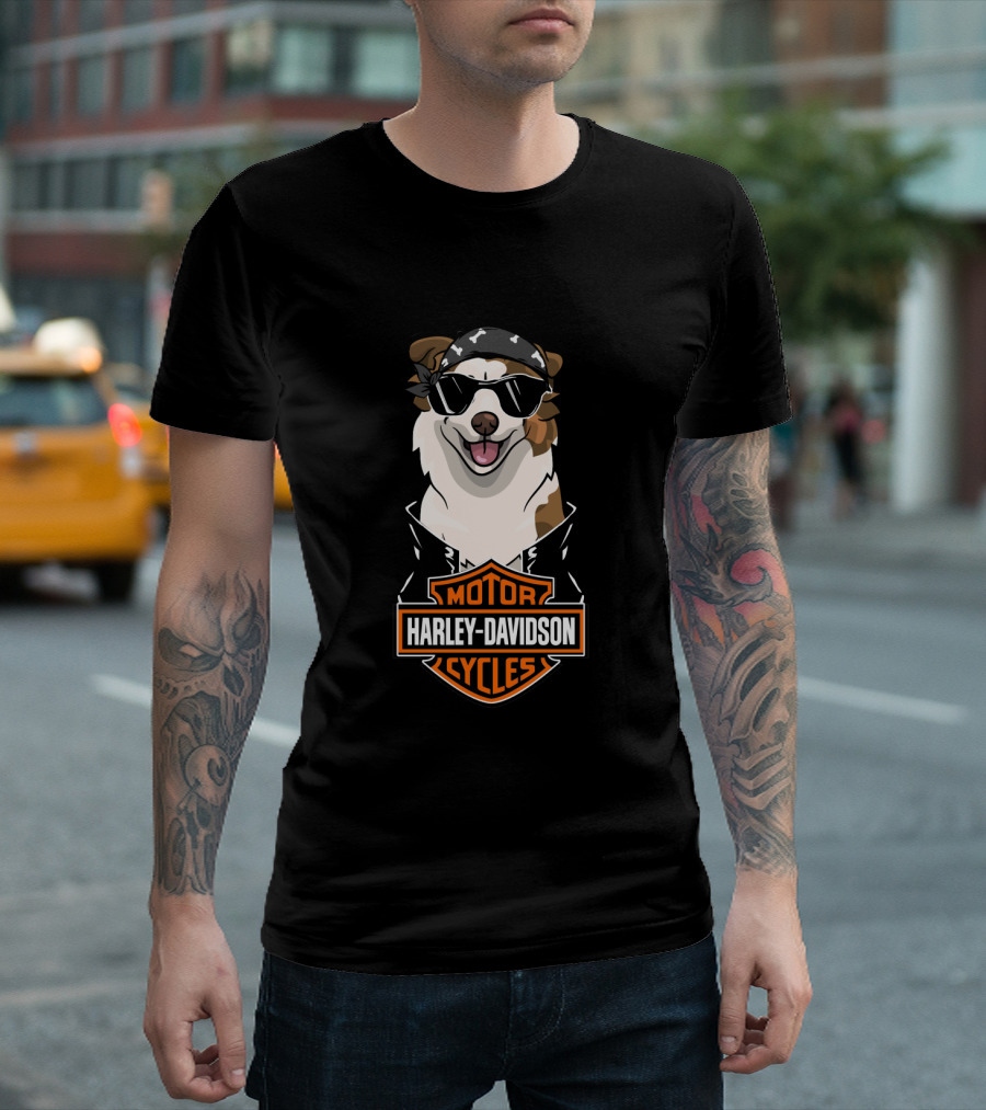 Harley Davidson Motor Cycles Australian Shepherd Biker Dog T-Shirt