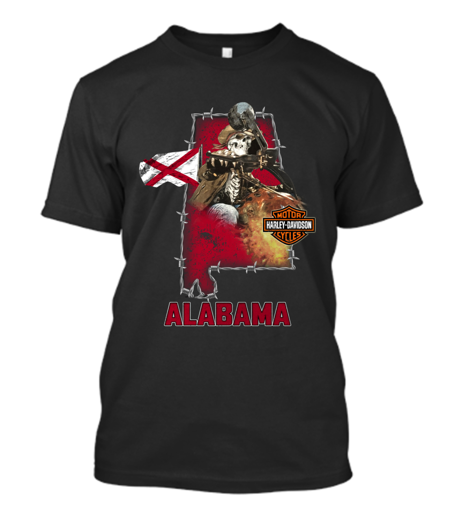 Alabama Harley Davidson Motorcycles Skeleton With Flag And Barbed Wire T-Shirt
