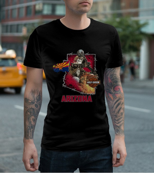 Arizona Harley Davidson Motorcycles Skeleton With State Flag T-Shirt