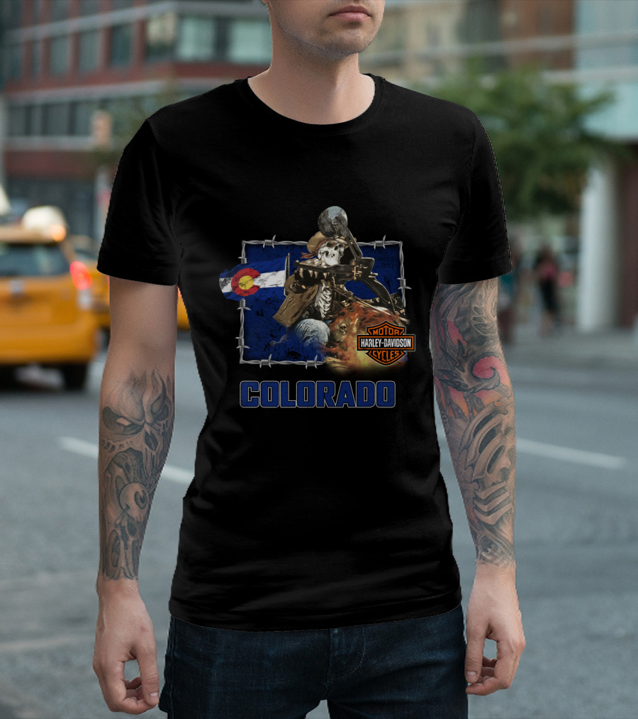 Colorado Harley Davidson Skeleton Rider With State Flag T-Shirt