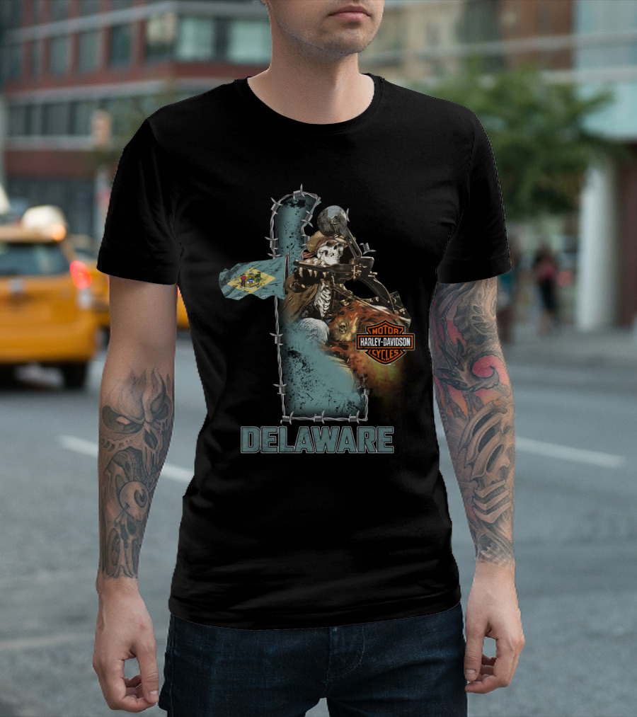 Delaware Harley Davidson Motorcycles Skeleton And Flag T-Shirt